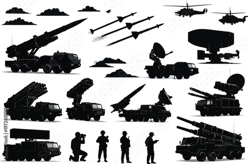 Military Rockets and Missiles Silhouette Vector Icons Set: Defense and Aerospace Technology
