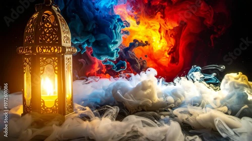 Illuminated lantern with intricate design, set against abstract colorful smoke