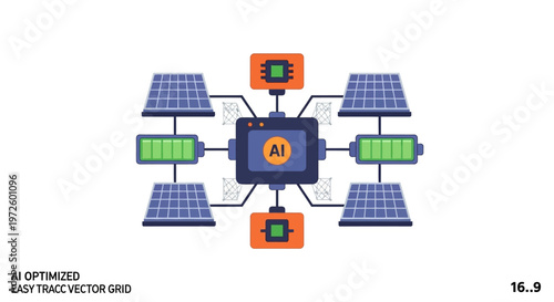 AI-optimized smart grid system with solar panels, batteries, and microchips for efficient energy management.