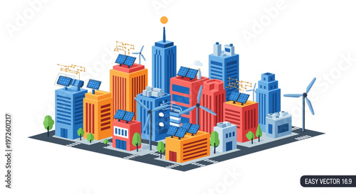 A vibrant isometric illustration of a futuristic smart city powered by renewable energy sources like solar panels and wind turbines.