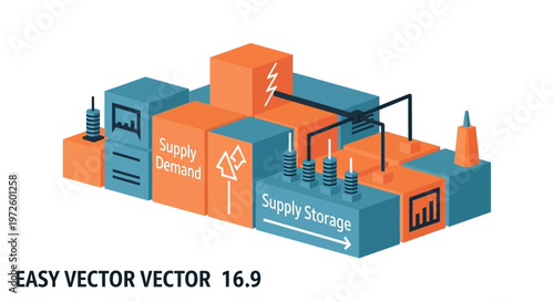 Isometric illustration of a supply chain with elements representing supply, demand, and storage.