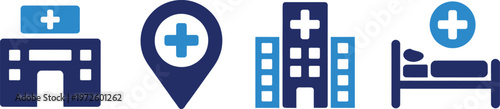 Medical facility icons showing hospital entrance building location and patient room