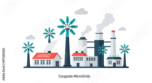 Illustration of a corporate microgrid featuring renewable energy sources like wind turbines and solar panels alongside industrial buildings and residential structures.