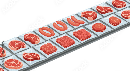 A diagonal conveyor belt transports a wide variety of vacuum-sealed raw meat products including marbled steaks, ground beef, and sausages through a processing plant.