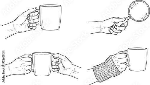 Hands holding mug and cup gestures set with different positions drinking coffee tea sketch vector illustration collection