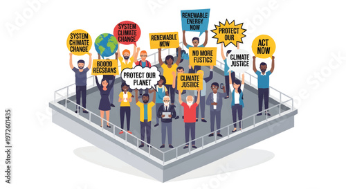 People holding protest signs on a platform, illustration