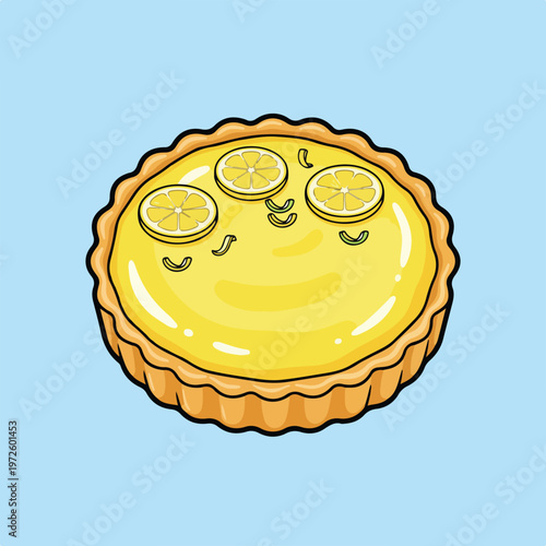 An appetizing vector illustration of a whole lemon tart featuring citrus slices and zest toppings on a solid blue background.