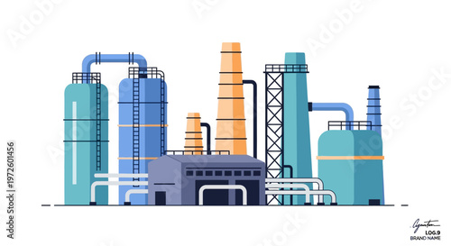 Illustration of a modern industrial complex with various towers, tanks, and pipelines under a white background.
