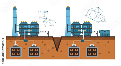 Illustration of a modern industrial facility with underground storage and network connections, representing advanced technology and infrastructure.