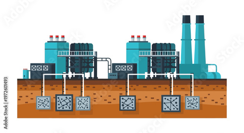 Illustration of a geothermal power plant with underground heat exchangers and above-ground turbines and smokestacks.