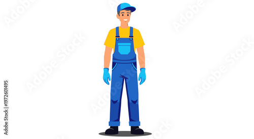 Diligent male service professional character illustration in blue uniform, cap, and protective gloves, ready for cleaning, repair, or maintenance tasks