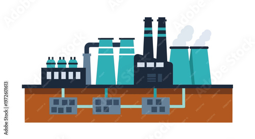 Illustration of a large industrial factory complex with multiple buildings, smokestacks emitting steam, and underground infrastructure.