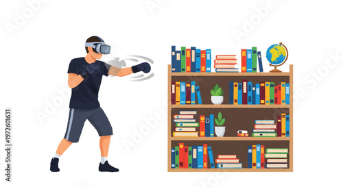 Man wearing VR headset standing near bookshelf with books and globe