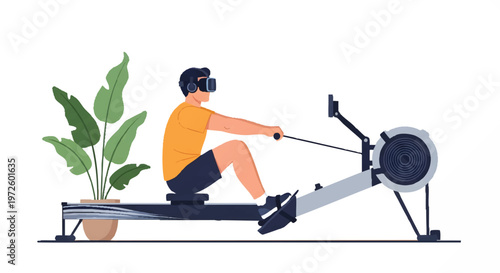 man exercising on rowing machine at home with plant