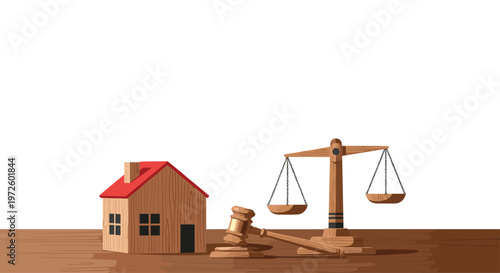 A miniature wooden house model stands beside a traditional judge's gavel and a classic balance scale on a smooth brown wooden table against white.