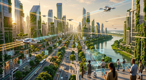 Futuristic Smart City with Flying Taxis, Green Buildings and Holographic Technology