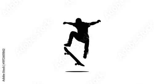 Skateboarder Silhouette performing trick mid-air against white background
