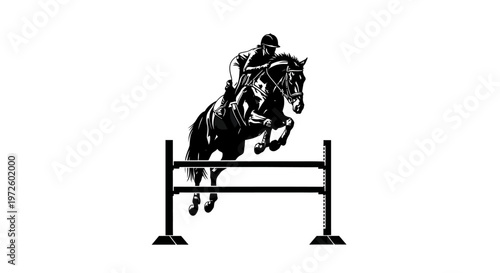 Equestrian Jumper Horse with Rider Leaping Over Obstacle - Black and White Silhouette