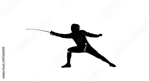 Silhouette of a fencer in action pose with sword isolated on white background
