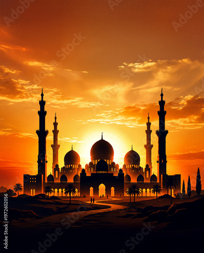 Beautiful Grand Mosque at Sunset with Golden Sky and Peaceful Atmosphere