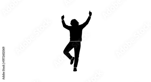 Silhouette of a person dancing with arms raised in celebration against a white background.