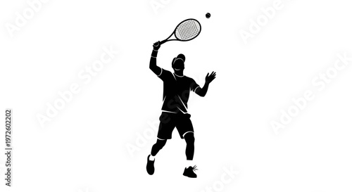 Silhouette of a tennis player hitting a serve with a racket and ball