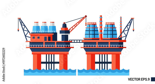 Illustration of a large offshore oil rig with multiple platforms and cranes, set against a white background.