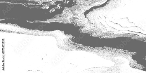 Abstract black-and-white flowing lines resembling topographic waves, fluid ink-like patterns, minimalist monochrome aesthetic vector illustration.