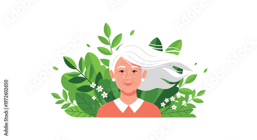 A graceful elderly woman with long flowing white hair smiles gently while surrounded by a dense arrangement of vibrant green leaves and delicate white flowers.