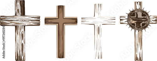 Wooden christian crosses set with rustic textures crown of thorns and religious symbols vector illustration collection