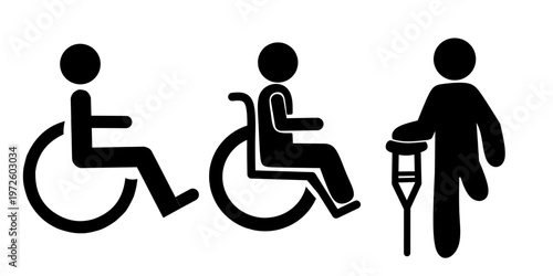 Disability and accessibility icon set. Vector illustration of people in wheelchairs and a person with a crutch. Handicap symbols for medical, hospital, and public facility signage
