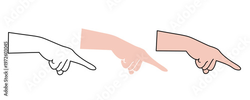 Pointing hand gesture set. Collection of hands with index finger pointing down or forward in outline and flat styles. Vector illustration of direction and touch screen interaction iconshand, pointing,