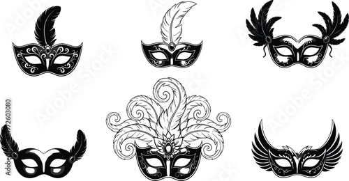 Elegant collection of black masquerade masks with decorative feathers and ornate details for carnival celebration and mysterious parties isolated on white