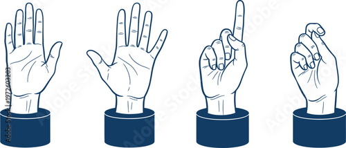 Four stages of plant growth depicted by hands on pedestals seed sprout sapling and mature plant