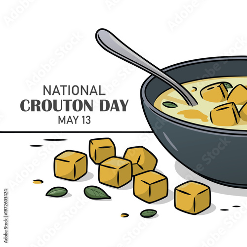 Single continuous line drawing soup with croutons in a bowl with croutons scattered around. Perfect combination. More delicious. Cuisine. National Crouton Day. One line design vector illustration