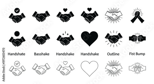 Collection of Handshake and Fist Bump Icons representing connection, agreement, and unity in various styles