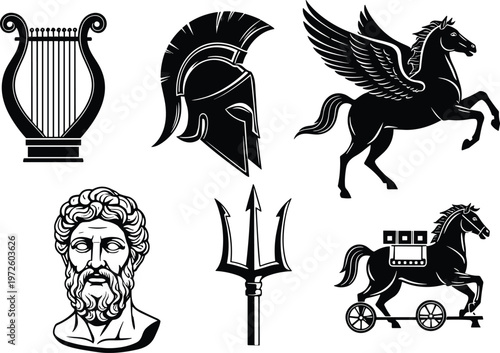 Ancient Greek mythology silhouette icon set featuring Spartan helmet, Pegasus, Trojan horse, Zeus bust, trident, and lyre for historical design