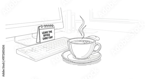 A steaming hot cup of espresso coffee served on a white saucer with a newspaper for breakfast in a cafe, illustrated as an isolated vector object featuring a brown mug of caffeine beverage