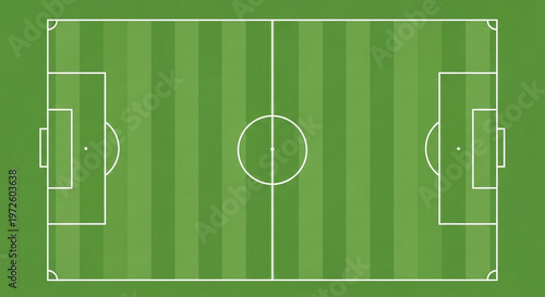 A brightly lit, top-down view of a regulation soccer field shows all the essential green pitch markings clearly.