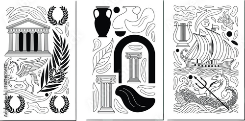 Ancient Greek Mythology Illustration Set Featuring Temple Parthenon Pegasus Winged Horse Amphora Column Lyre Greek Galley Ship and Poseidon Trident