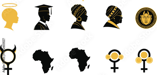 Vector silhouette icons set of African culture including student in graduation cap, woman with headwrap, Africa map, and ethnic symbols.