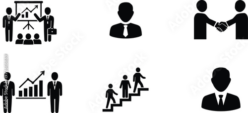 Vector silhouette icons set of business people, presentation board with charts, handshake, career growth stairs, and professional corporate office avatars.