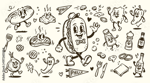 Vintage 1930s Philly Cheesesteak Mascot and Cooking Ingredients Doodle Set