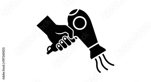 A simple black silhouette icon of a hand holding a hair dryer.