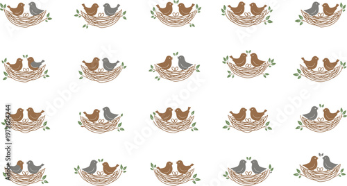 Birds in twig nests with leaves, rings, and companionship theme in repeating nature vector illustration