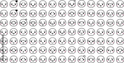 Cartoon faces with cute expressions, pink cheeks, hearts, and stars in emotional doodle vector illustration
