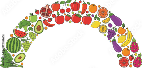 Colorful fruits and vegetables arranged in rainbow arc with watermelon, avocado, grapes, bananas, and dragon fruit