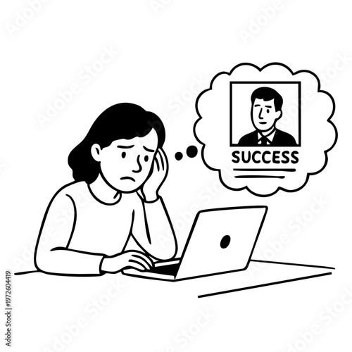 A woman sitting at a laptop with a thought bubble of success