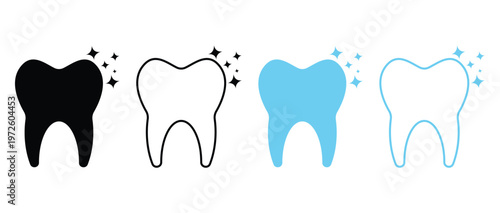 A set of four different tooth icons representing dental health, cleaning, and whitening, isolated on a white background.