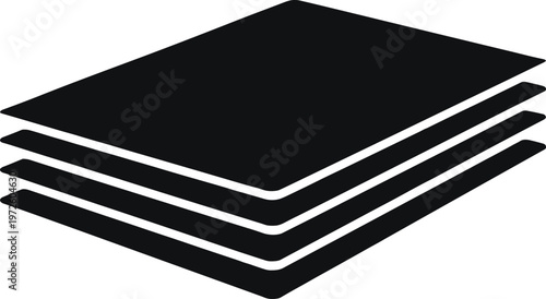 Minimal vector silhouette, paper stack pile, multiple sheets slightly offset top view, solid black, isolated on white background.